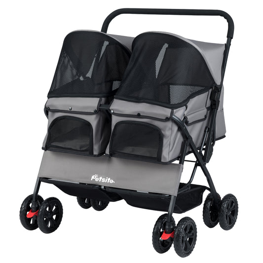 Foldable Double Pet Stroller with Adjustable Sunshade and Storage Basket, Gray Cat Supplies Gray at Gallery Canada