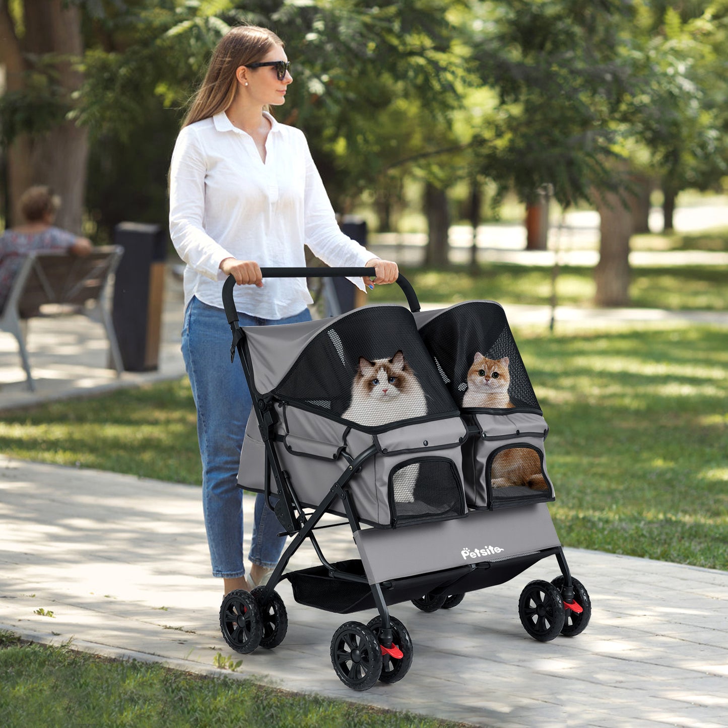 Foldable Double Pet Stroller with Adjustable Sunshade and Storage Basket, Gray Cat Supplies at Gallery Canada