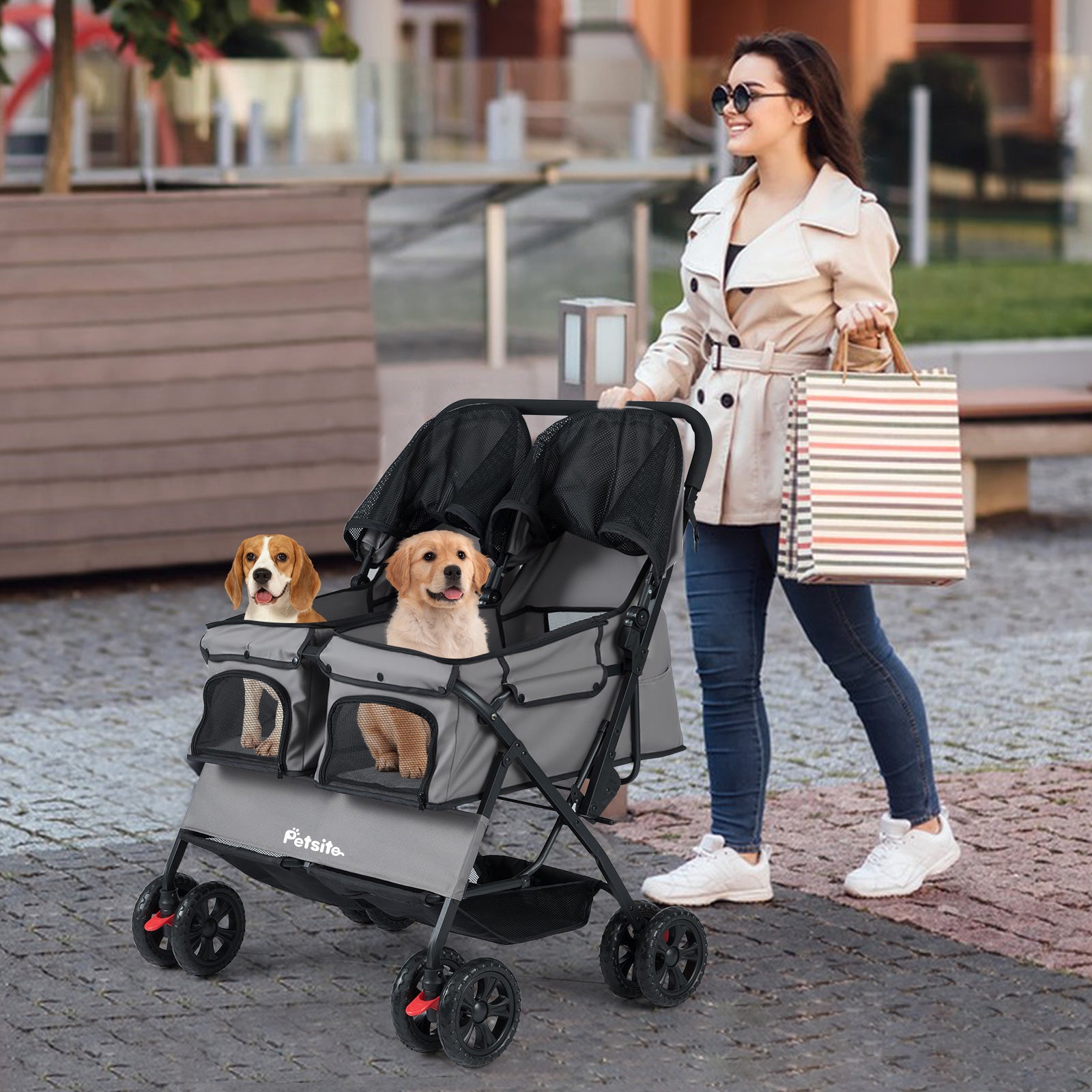 Foldable Double Pet Stroller with Adjustable Sunshade and Storage Basket, Gray Cat Supplies at Gallery Canada