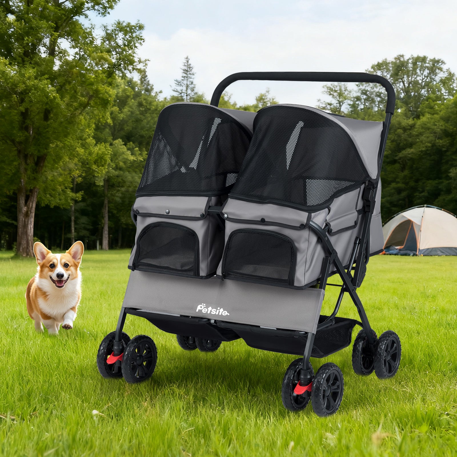 Foldable Double Pet Stroller with Adjustable Sunshade and Storage Basket, Gray Cat Supplies at Gallery Canada