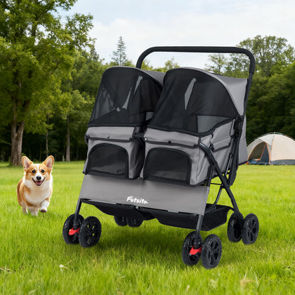 Foldable Double Pet Stroller with Adjustable Sunshade and Storage Basket, Gray Cat Supplies at Gallery Canada