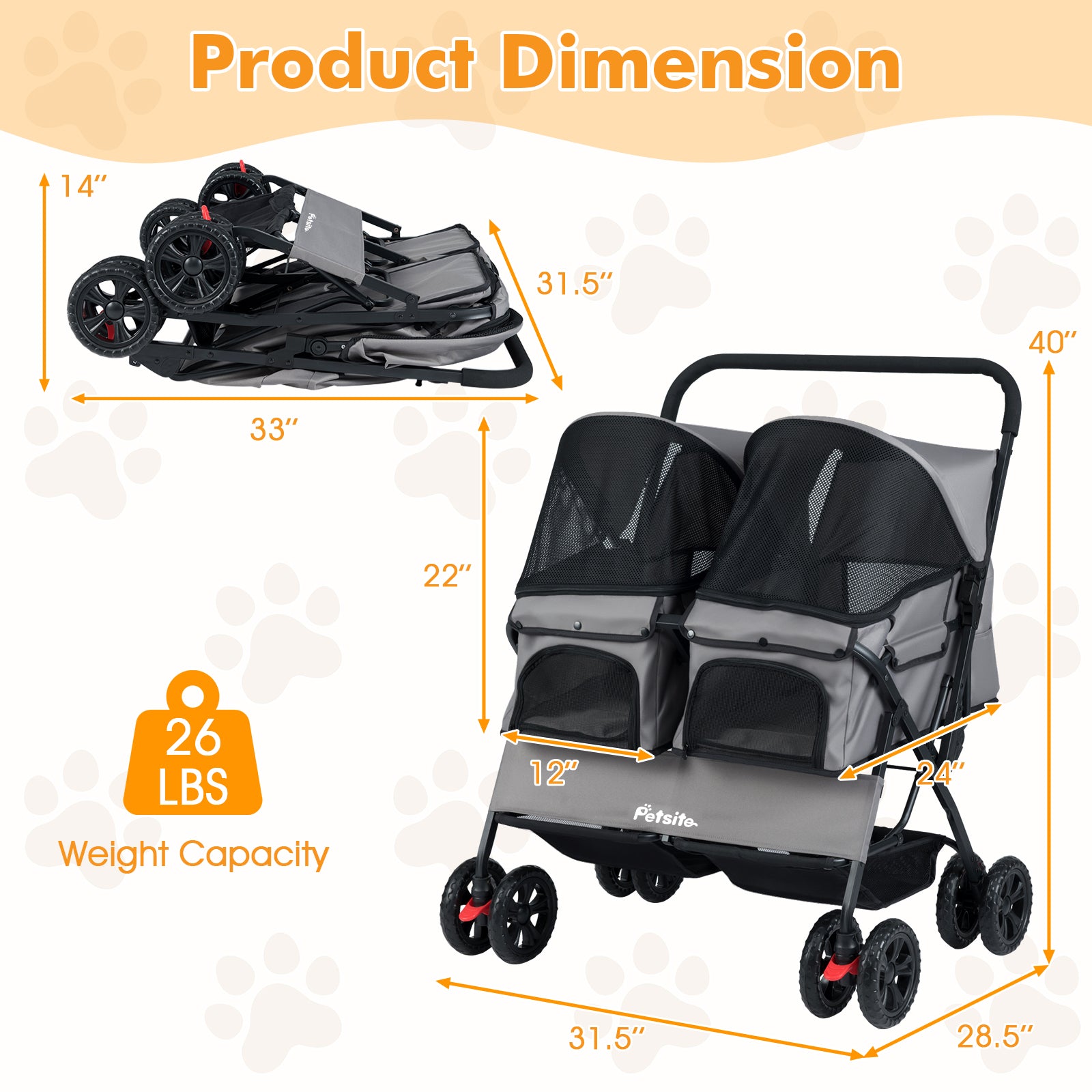 Foldable Double Pet Stroller with Adjustable Sunshade and Storage Basket, Gray Cat Supplies at Gallery Canada