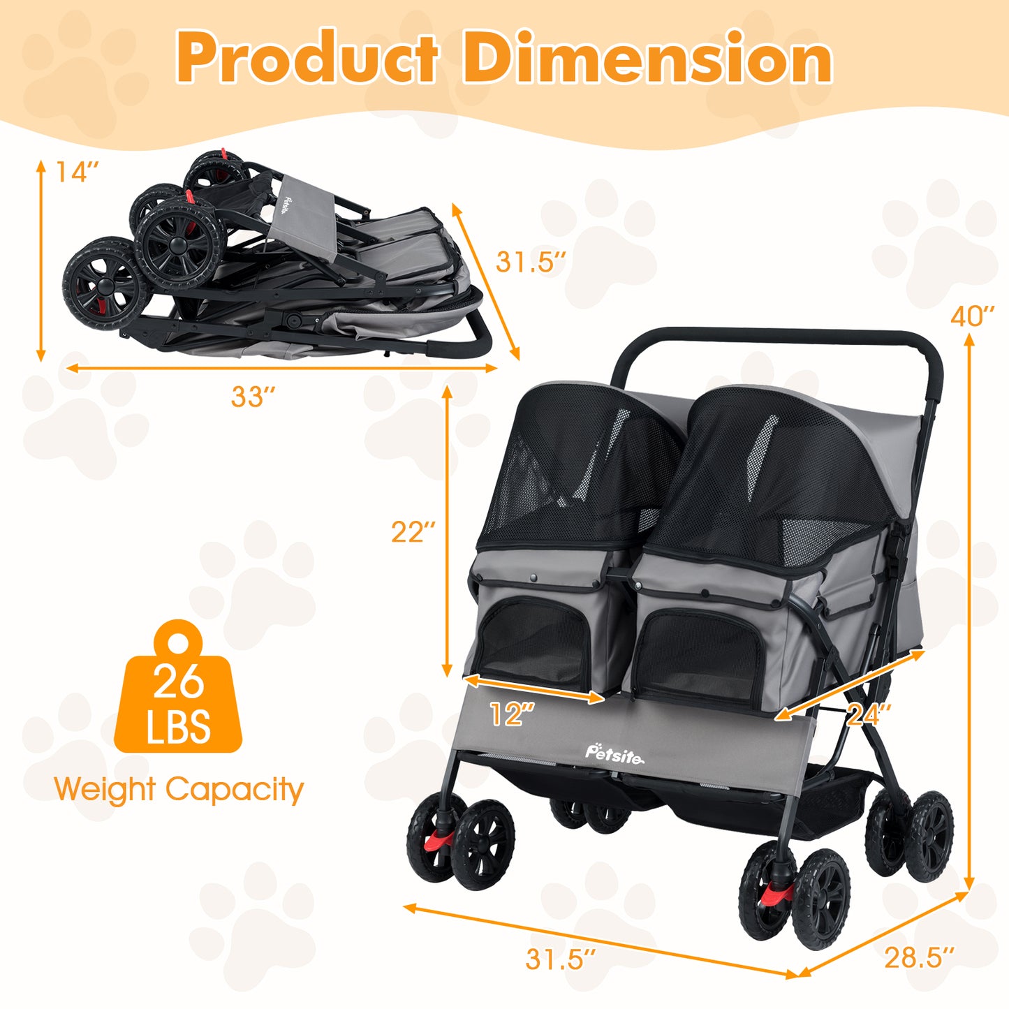 Foldable Double Pet Stroller with Adjustable Sunshade and Storage Basket, Gray Cat Supplies at Gallery Canada