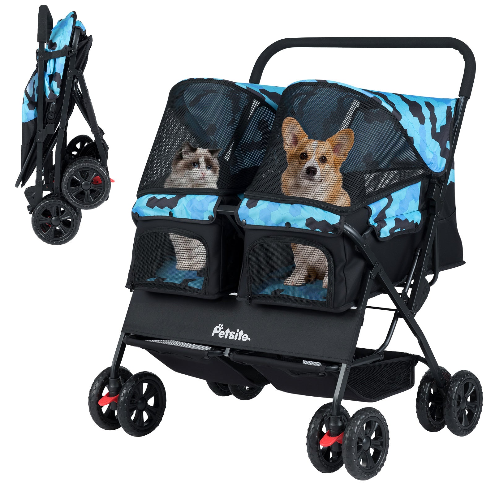 Foldable Double Pet Stroller with Adjustable Sunshade and Storage Basket, Navy Cat Supplies at Gallery Canada