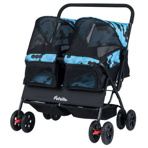 Foldable Double Pet Stroller with Adjustable Sunshade and Storage Basket, Navy