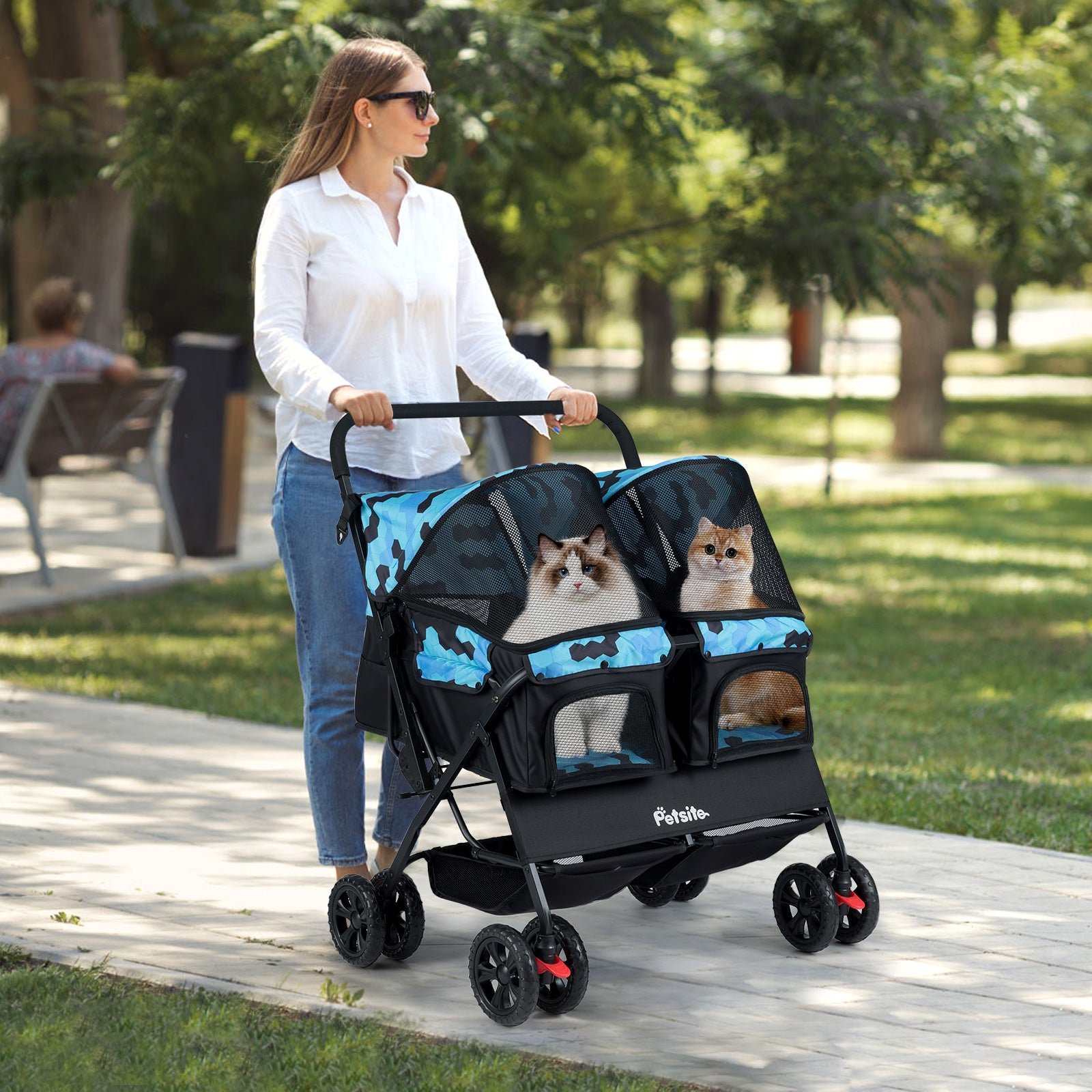 Foldable Double Pet Stroller with Adjustable Sunshade and Storage Basket, Navy Cat Supplies at Gallery Canada