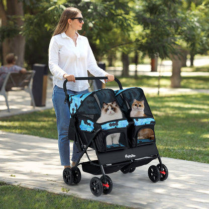 Foldable Double Pet Stroller with Adjustable Sunshade and Storage Basket, Navy Cat Supplies at Gallery Canada