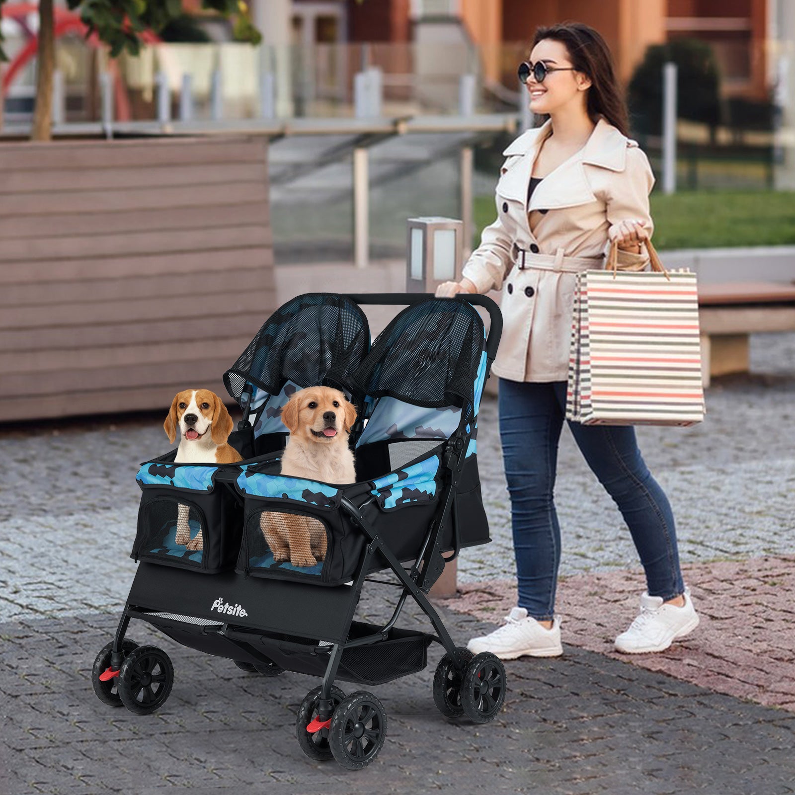 Foldable Double Pet Stroller with Adjustable Sunshade and Storage Basket, Navy Cat Supplies at Gallery Canada