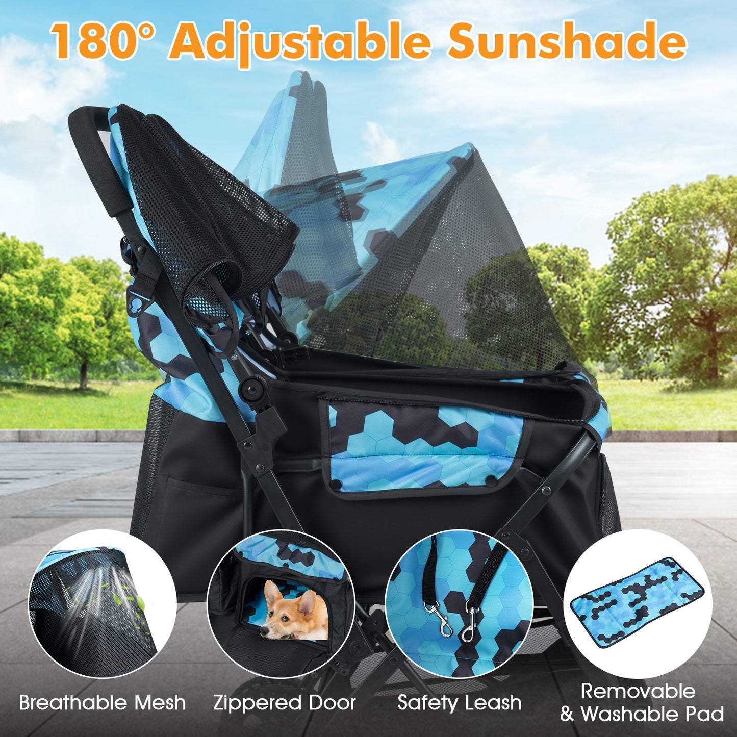 Foldable Double Pet Stroller with Adjustable Sunshade and Storage Basket, Navy Cat Supplies at Gallery Canada