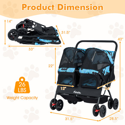 Foldable Double Pet Stroller with Adjustable Sunshade and Storage Basket, Navy Cat Supplies at Gallery Canada