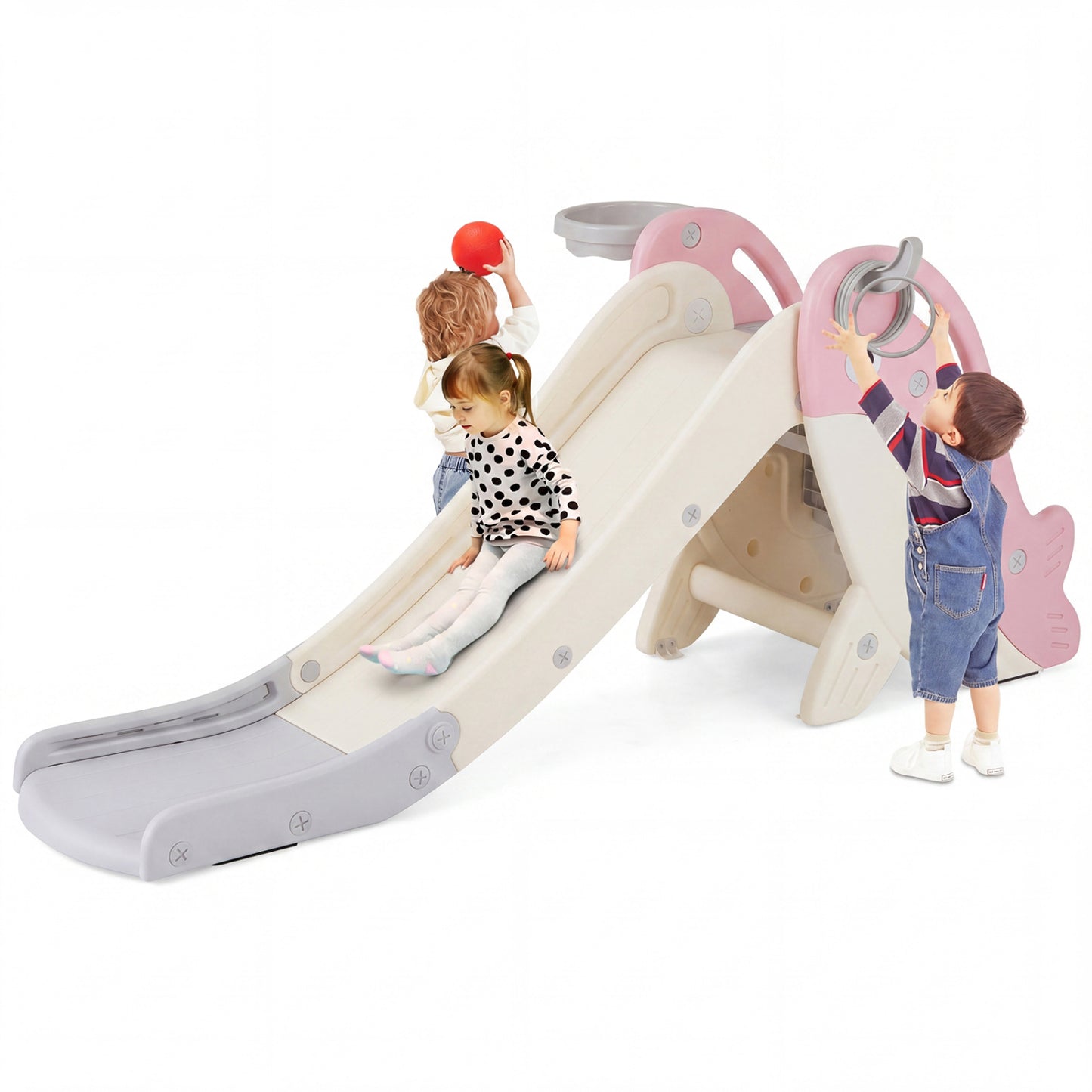 Foldable Baby Slide Climber Playset With Basketball Hoop, Pink