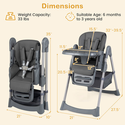 Foldable High Chair, 7-Level Height Adjustment, Gray
