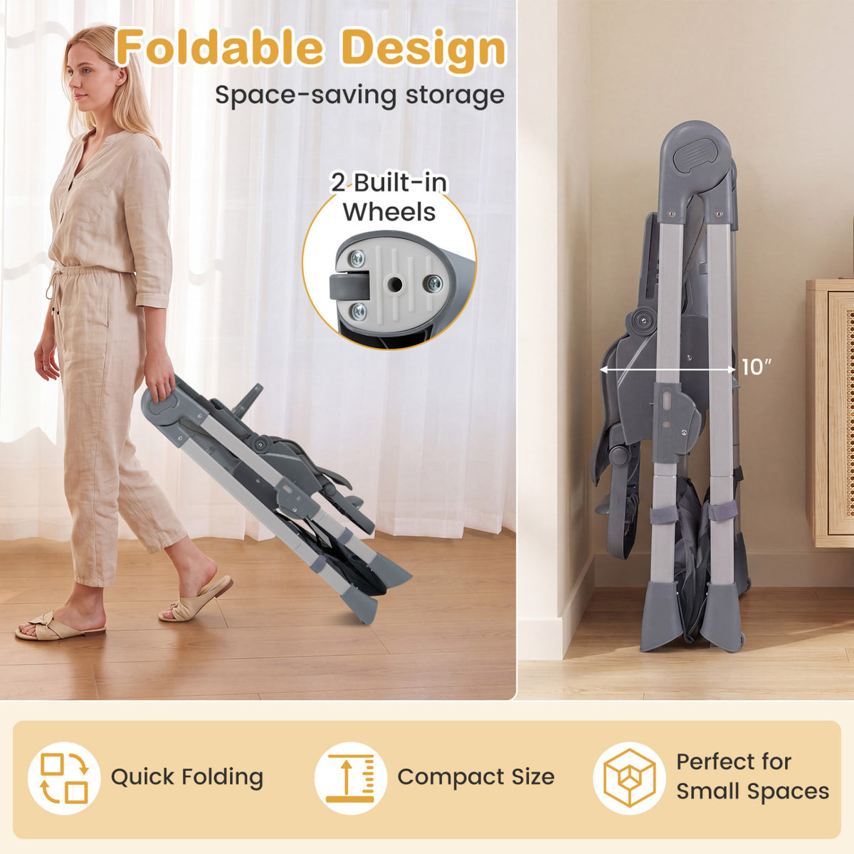 Foldable High Chair, 7-Level Height Adjustment, Gray