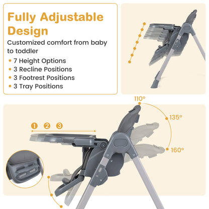 Foldable High Chair, 7-Level Height Adjustment, Gray