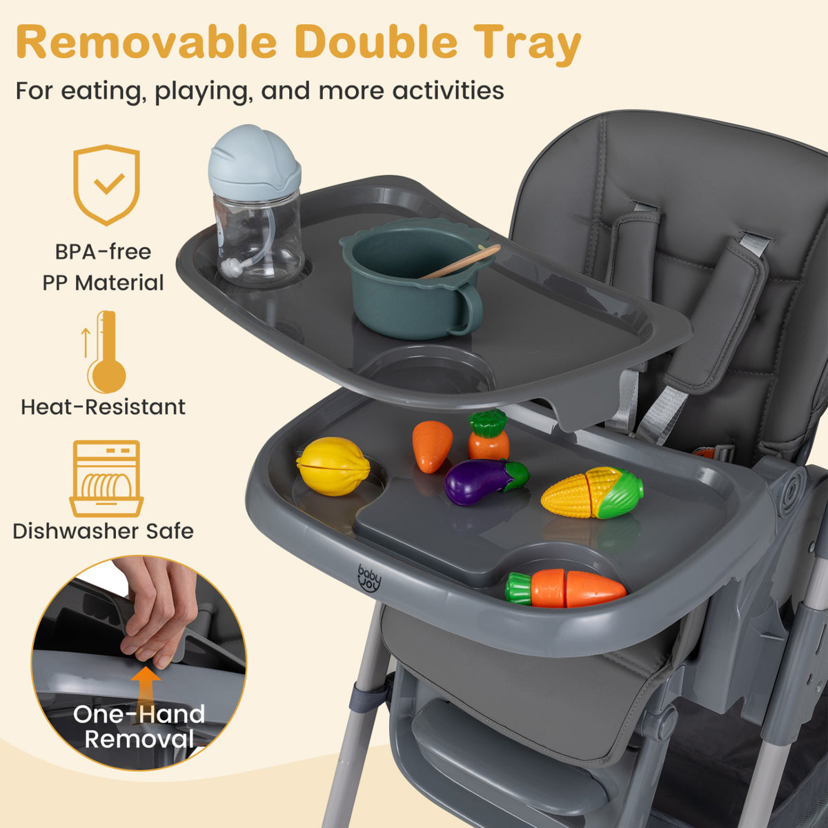 Foldable High Chair, 7-Level Height Adjustment, Gray