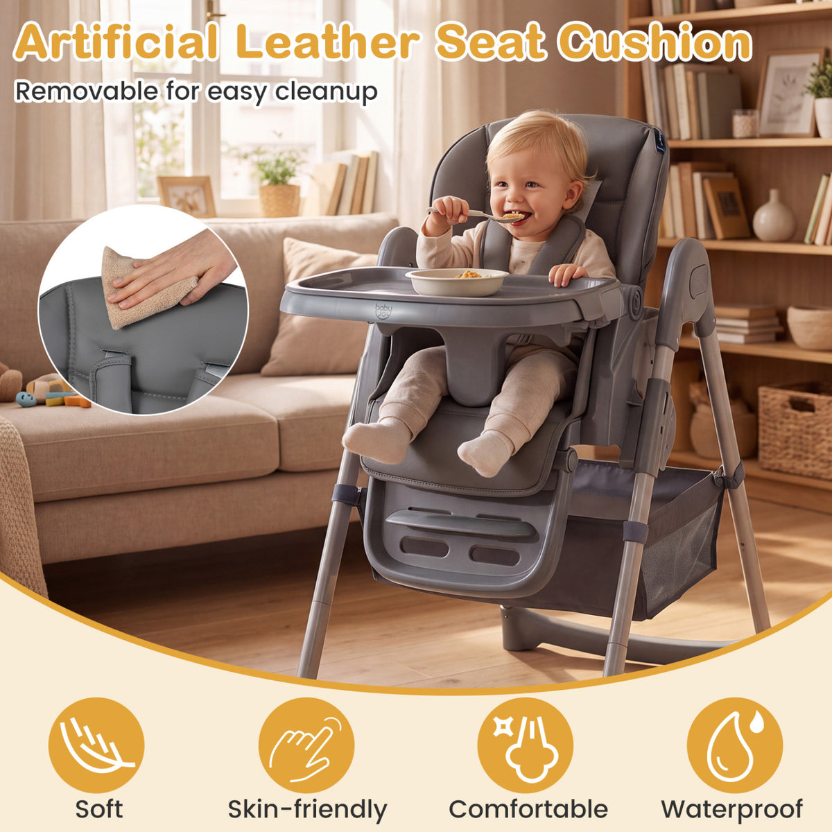 Foldable High Chair, 7-Level Height Adjustment, Gray