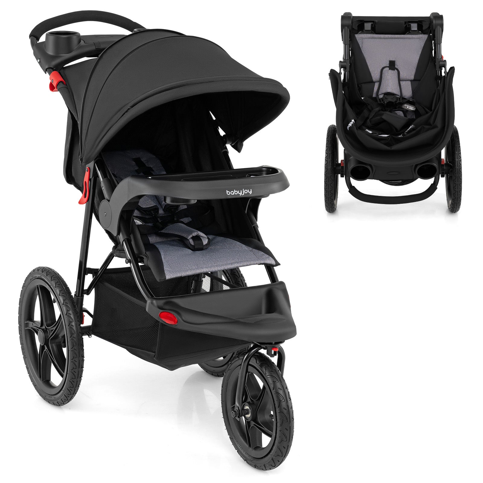 Foldable Jogging Stroller with Detachable Tray and Air-Filled Rubber Tires, Black Baby Strollers Black at Gallery Canada
