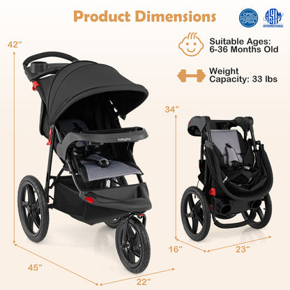 Foldable Jogging Stroller with Detachable Tray and Air-Filled Rubber Tires, Black Baby Strollers at Gallery Canada