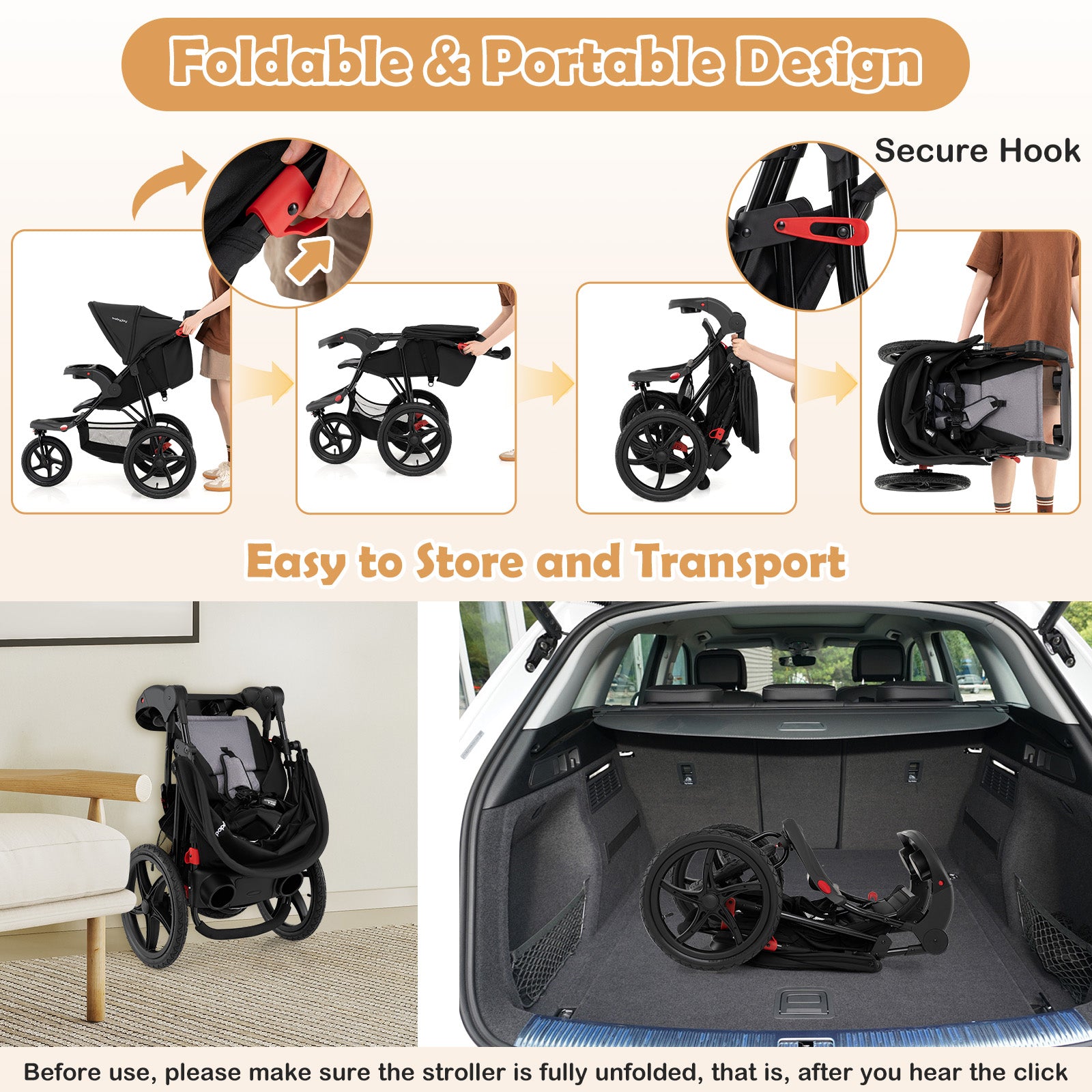 Foldable Jogging Stroller with Detachable Tray and Air-Filled Rubber Tires, Black Baby Strollers at Gallery Canada