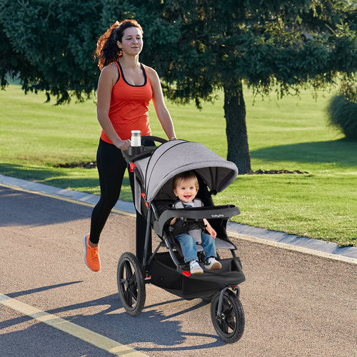 Foldable Jogging Stroller with Detachable Tray and Air-Filled Rubber Tires, Gray
