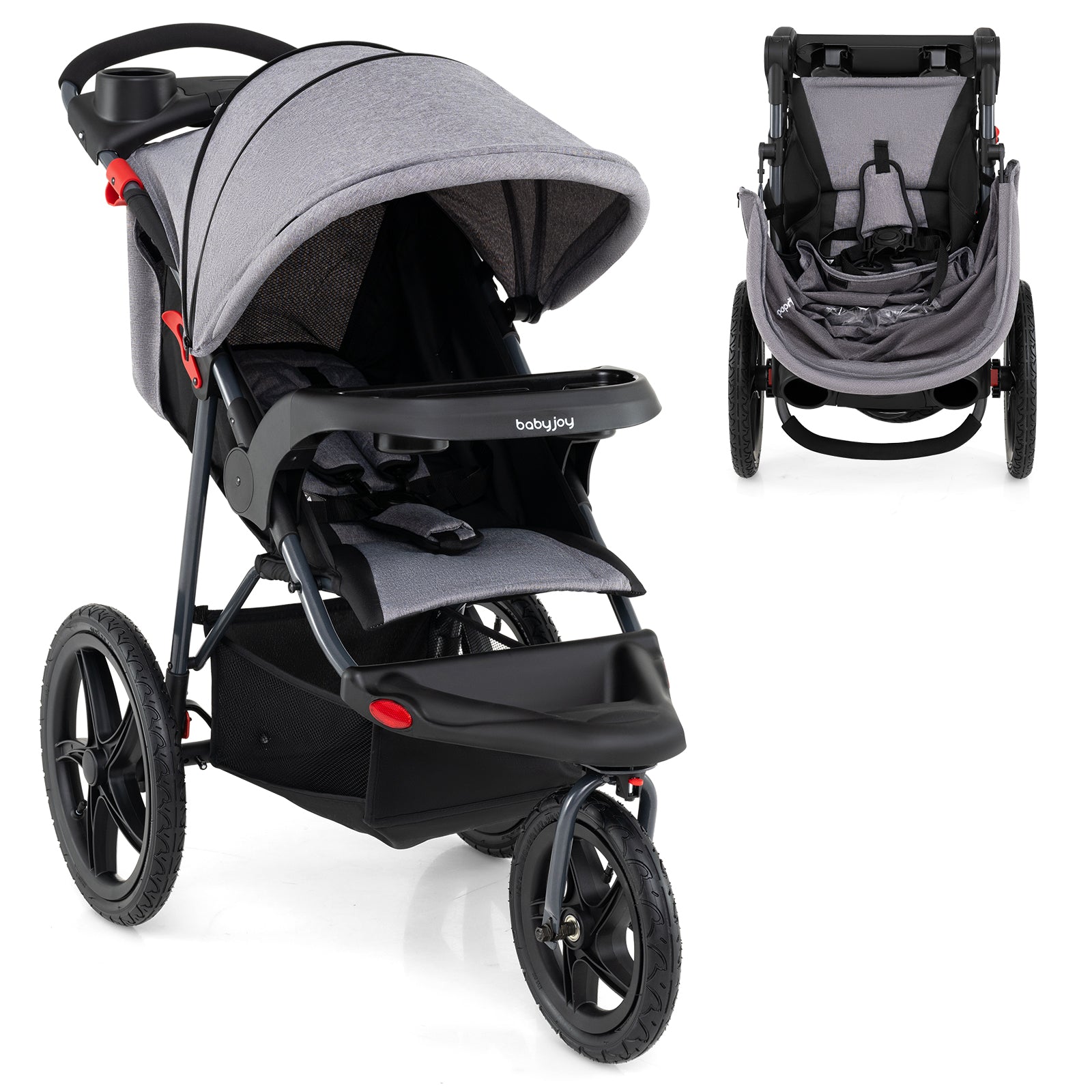 Foldable Jogging Stroller with Detachable Tray and Air-Filled Rubber Tires, Gray Baby Strollers Gray at Gallery Canada