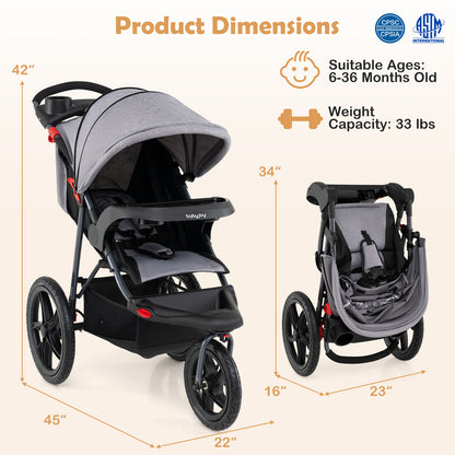 Foldable Jogging Stroller with Detachable Tray and Air-Filled Rubber Tires, Gray Baby Strollers at Gallery Canada