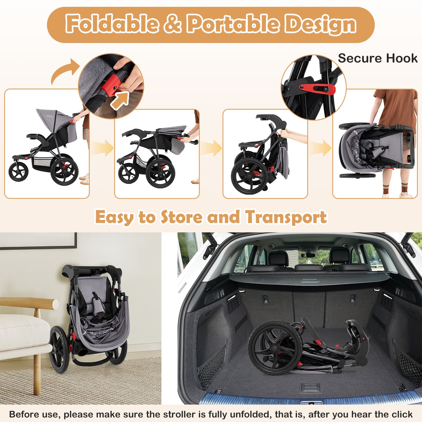 Foldable Jogging Stroller with Detachable Tray and Air-Filled Rubber Tires, Gray Baby Strollers at Gallery Canada