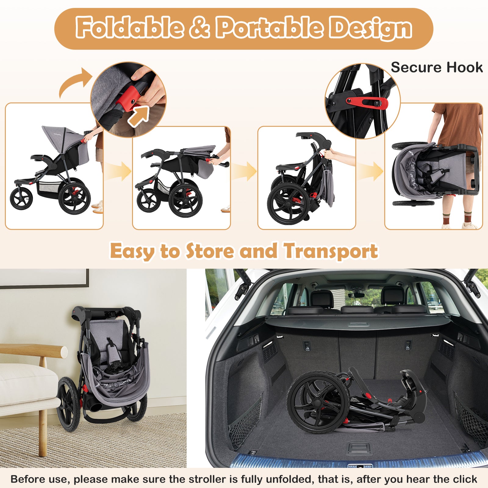 Foldable Jogging Stroller with Detachable Tray and Air-Filled Rubber Tires, Gray Baby Strollers at Gallery Canada