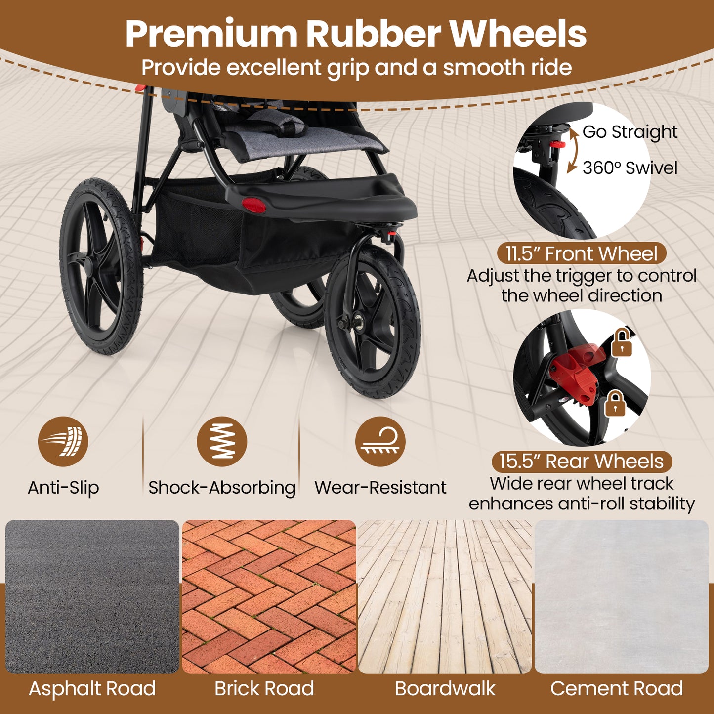 Foldable Jogging Stroller with Detachable Tray and Air-Filled Rubber Tires, Black Baby Strollers at Gallery Canada