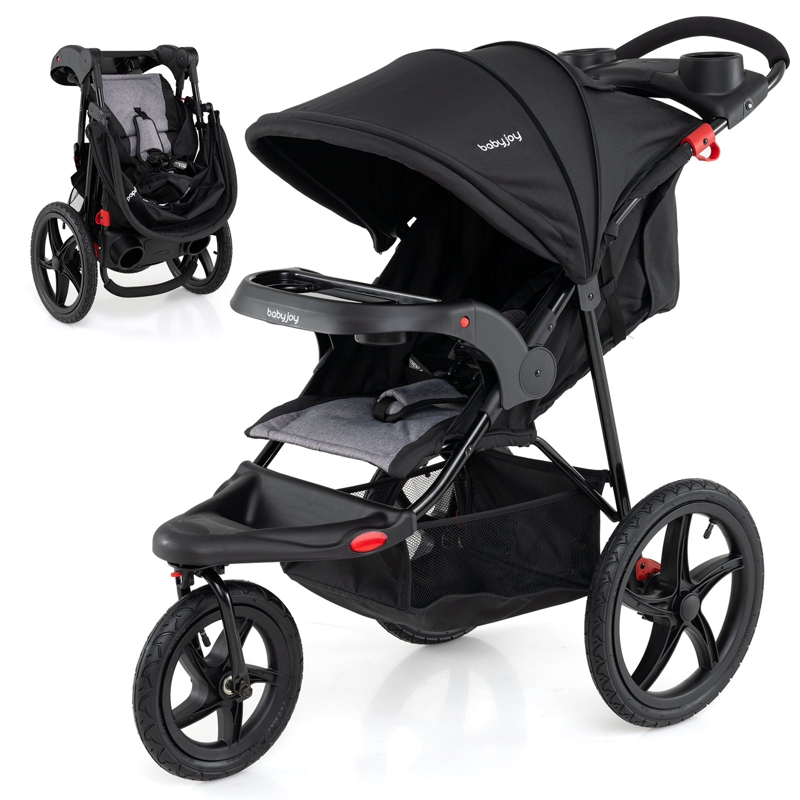 Foldable Jogging Stroller with Detachable Tray and Air-Filled Rubber Tires, Black Baby Strollers Black at Gallery Canada