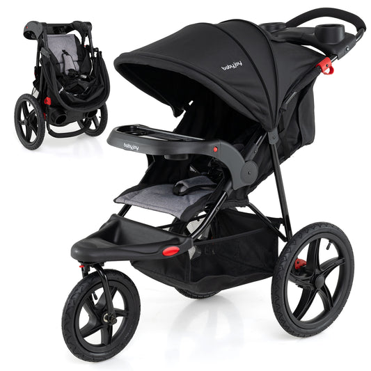 Foldable Jogging Stroller with Detachable Tray and Air-Filled Rubber Tires, Black