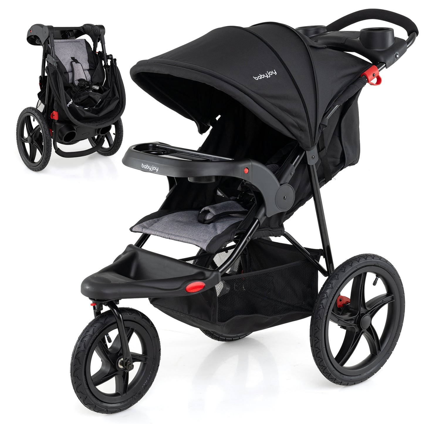 Foldable Jogging Stroller with Detachable Tray and Air-Filled Rubber Tires, Black Baby Strollers at Gallery Canada