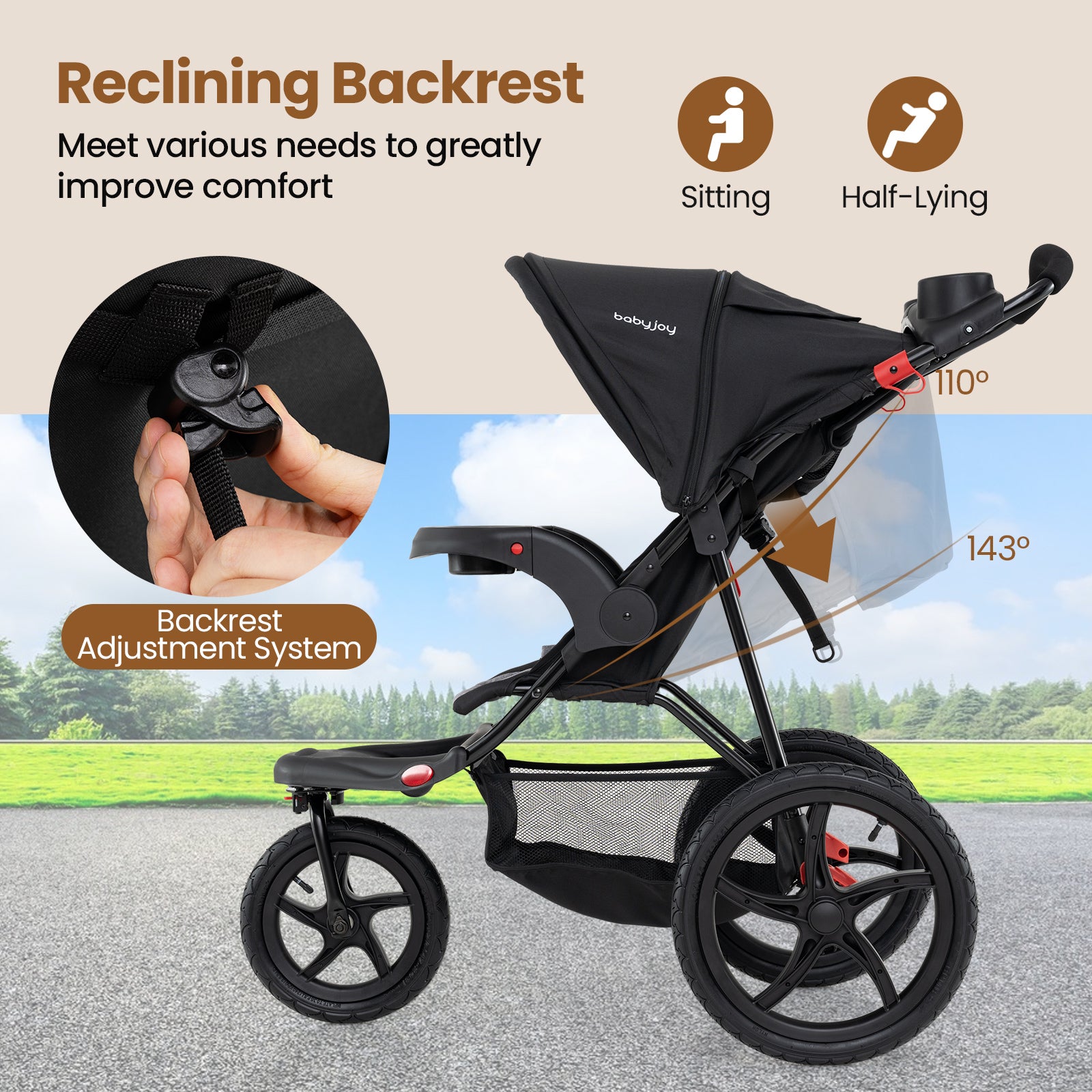 Foldable Jogging Stroller with Detachable Tray and Air-Filled Rubber Tires, Black Baby Strollers at Gallery Canada