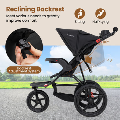 Foldable Jogging Stroller with Detachable Tray and Air-Filled Rubber Tires, Black Baby Strollers at Gallery Canada