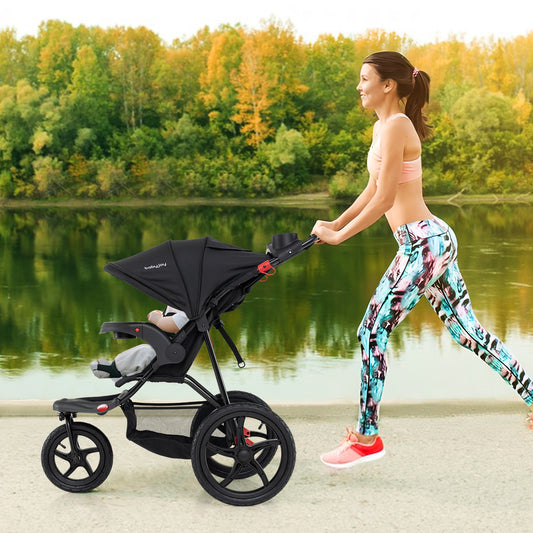 Foldable Jogging Stroller with Detachable Tray and Air-Filled Rubber Tires, Black
