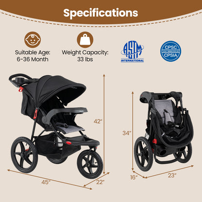 Foldable Jogging Stroller with Detachable Tray and Air-Filled Rubber Tires, Black Baby Strollers at Gallery Canada