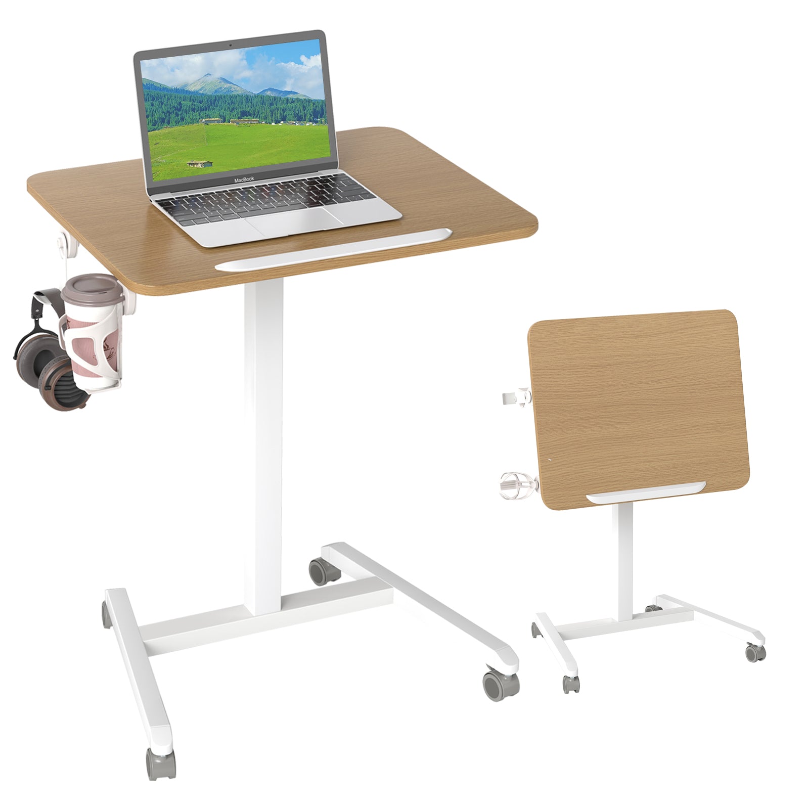 Foldable Mobile Standing Desk Rolling Laptop Desk with 90° Tiltable Tabletop, Natural Computer Desks at Gallery Canada