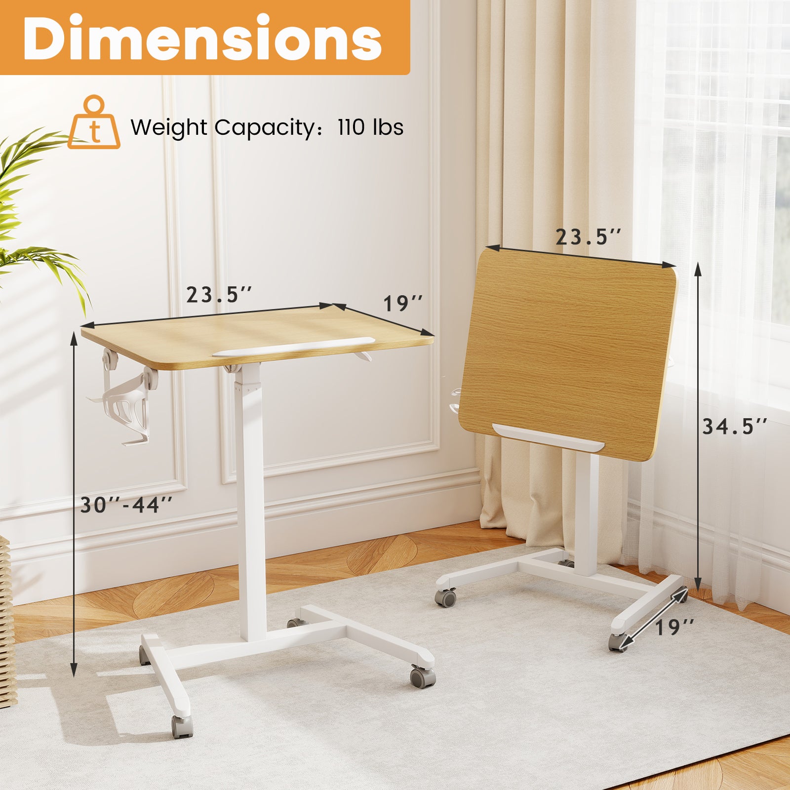 Foldable Mobile Standing Desk Rolling Laptop Desk with 90° Tiltable Tabletop, Natural Computer Desks at Gallery Canada