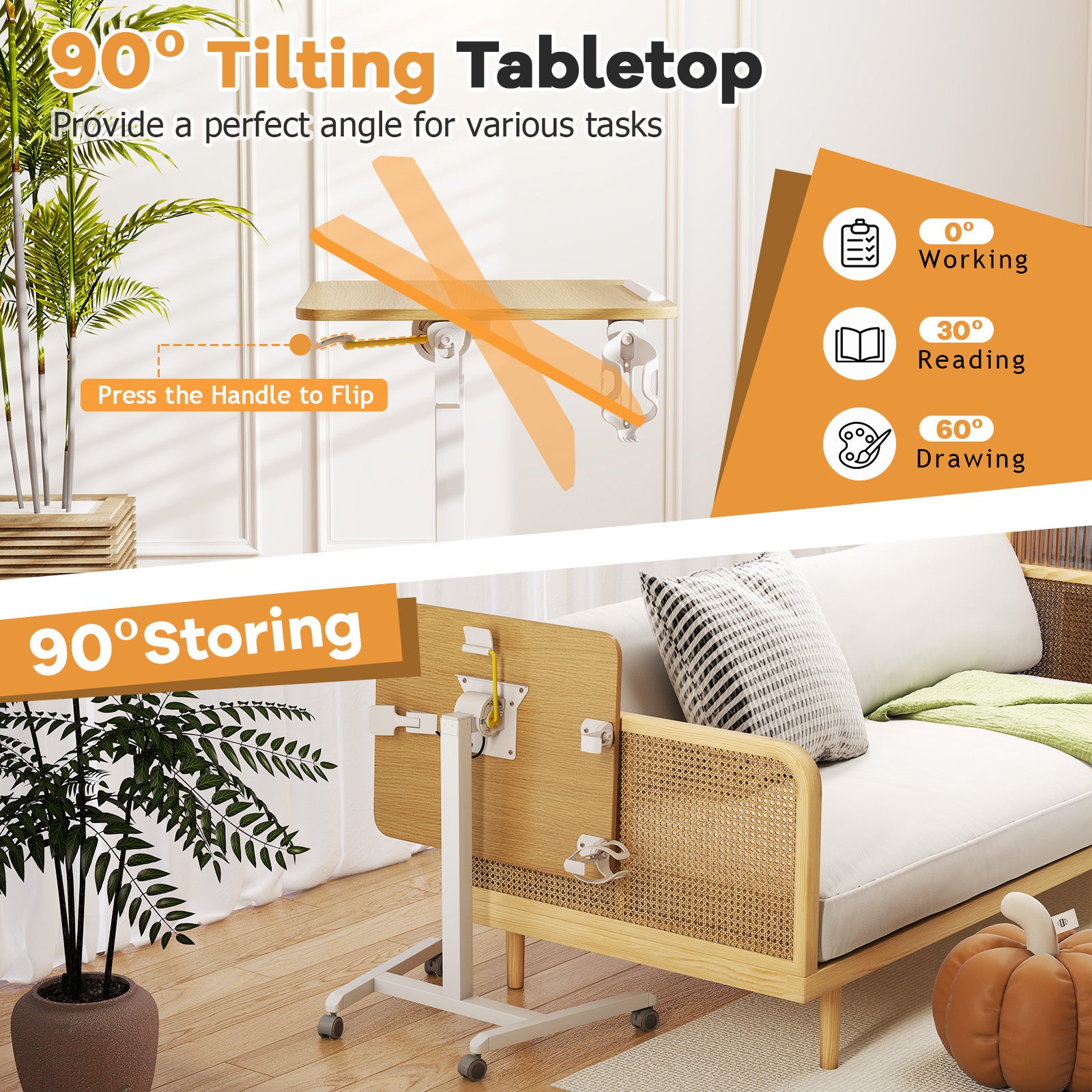 Foldable Mobile Standing Desk Rolling Laptop Desk with 90° Tiltable Tabletop, Natural Computer Desks at Gallery Canada