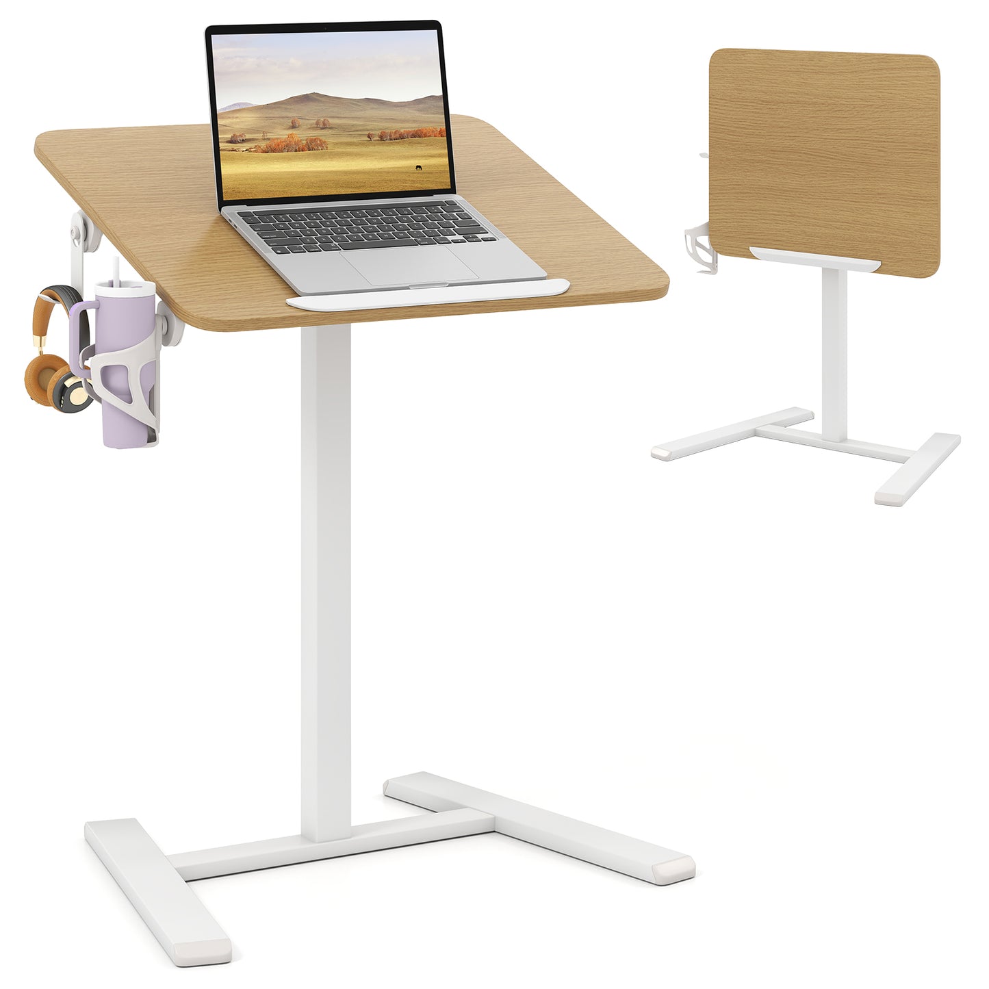 Foldable Mobile Standing Desk With Hook And Cup Holder, Natural Computer Desks at Gallery Canada