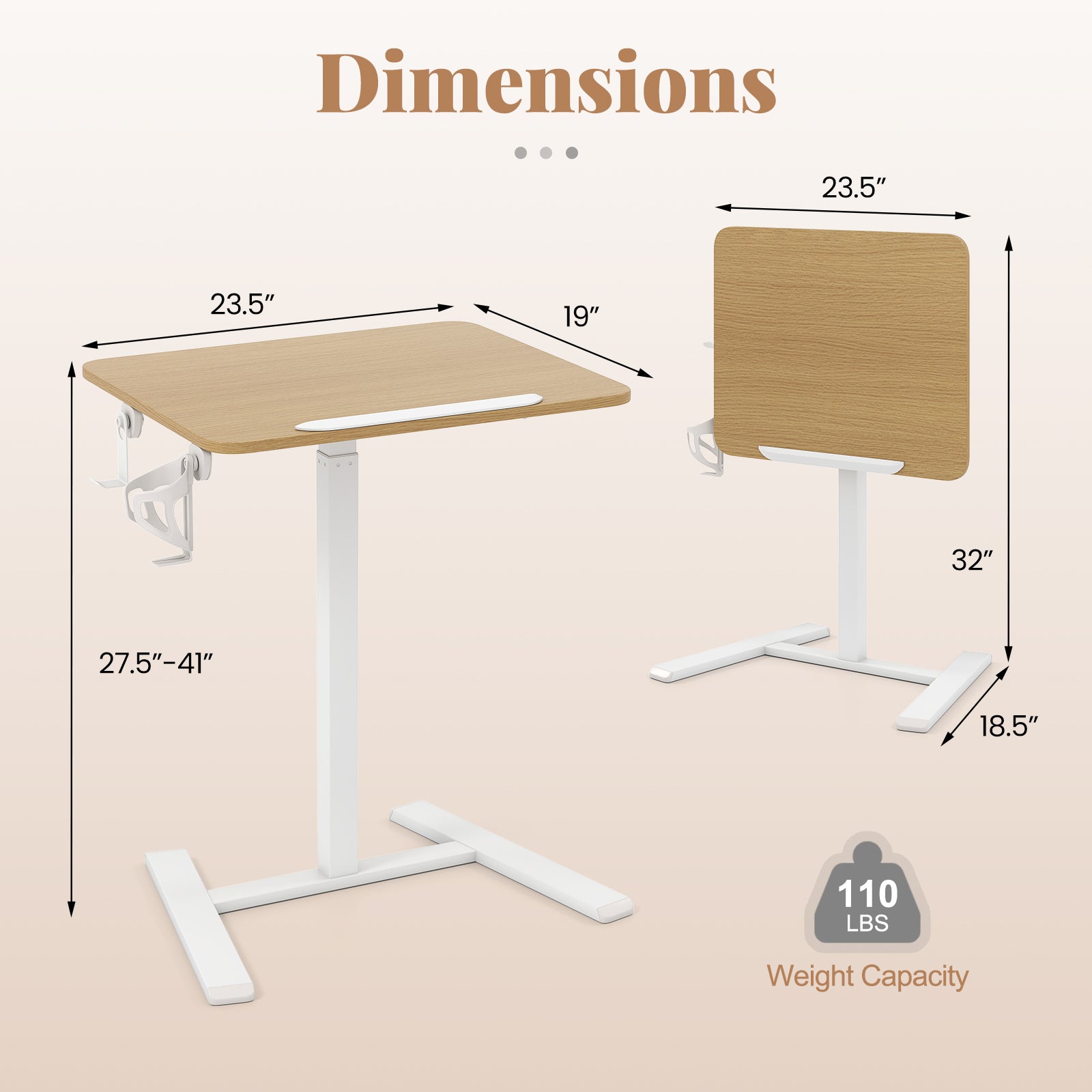 Foldable Mobile Standing Desk Rolling Laptop Desk with Hook and Cup Holder, Natural Computer Desks at Gallery Canada