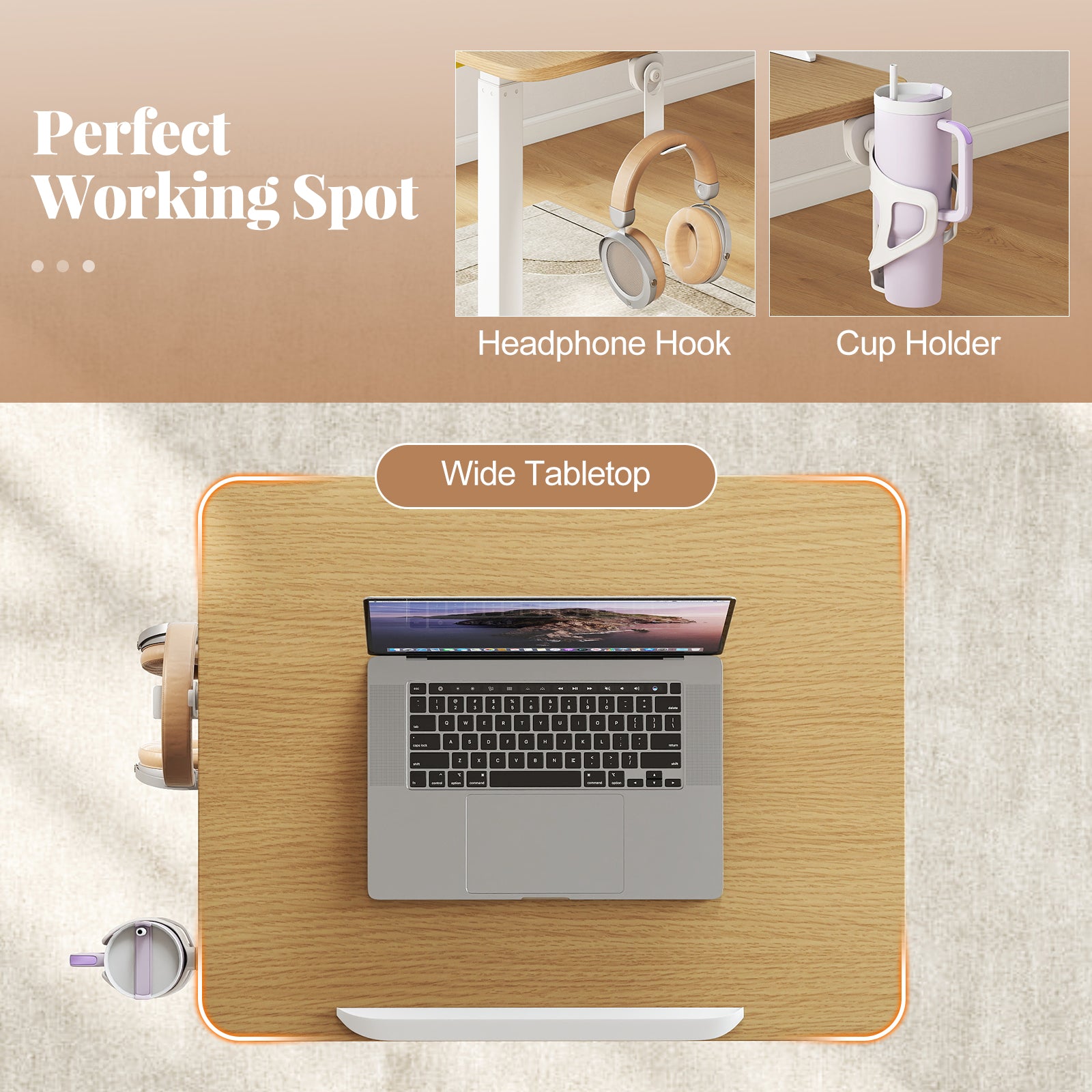 Foldable Mobile Standing Desk Rolling Laptop Desk with Hook and Cup Holder, Natural Computer Desks at Gallery Canada