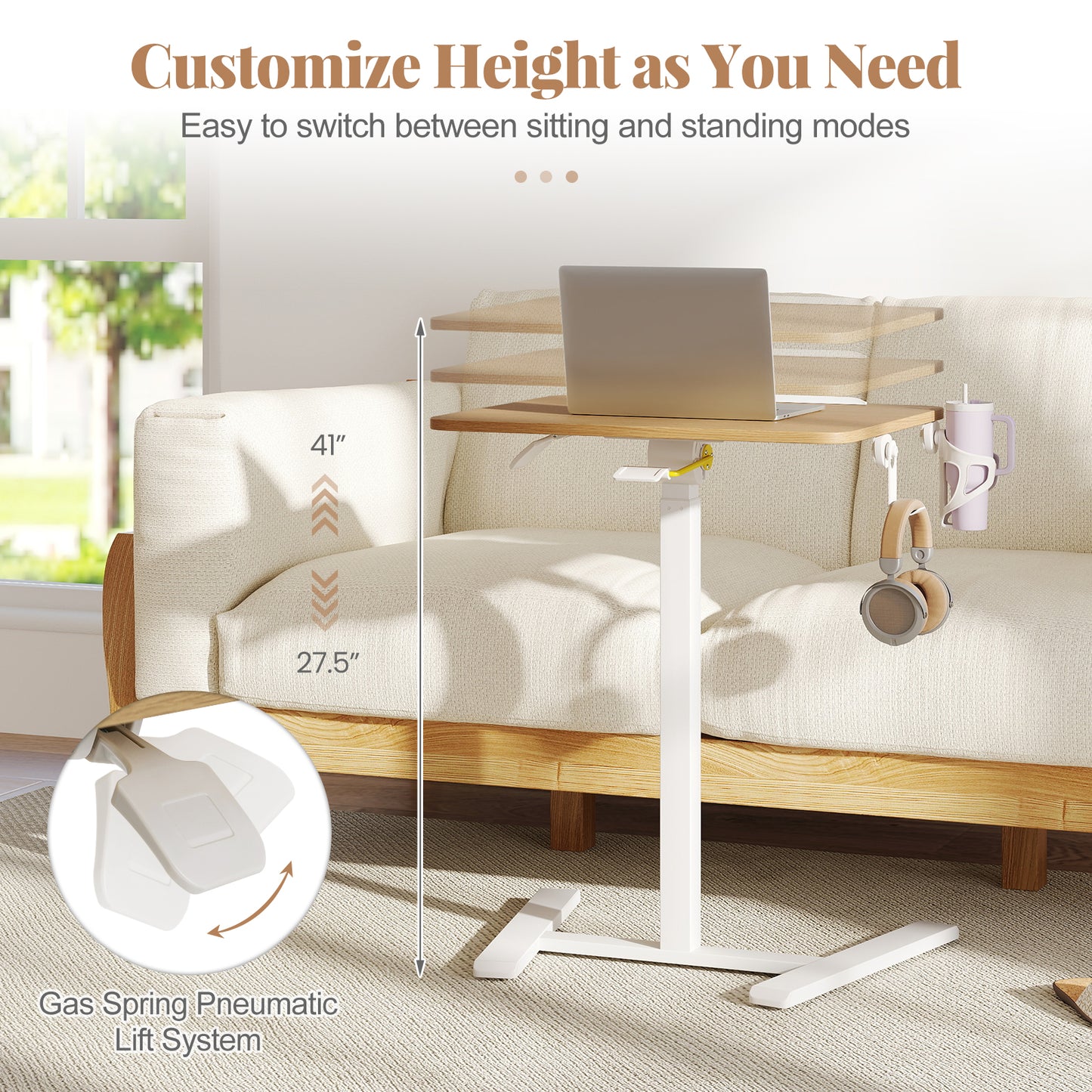 Foldable Mobile Standing Desk Rolling Laptop Desk with Hook and Cup Holder, Natural Computer Desks at Gallery Canada