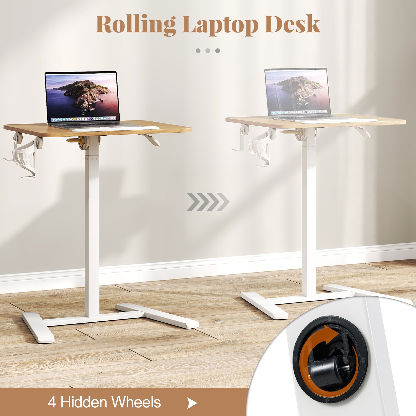 Foldable Mobile Standing Desk Rolling Laptop Desk with Hook and Cup Holder, Natural Computer Desks at Gallery Canada