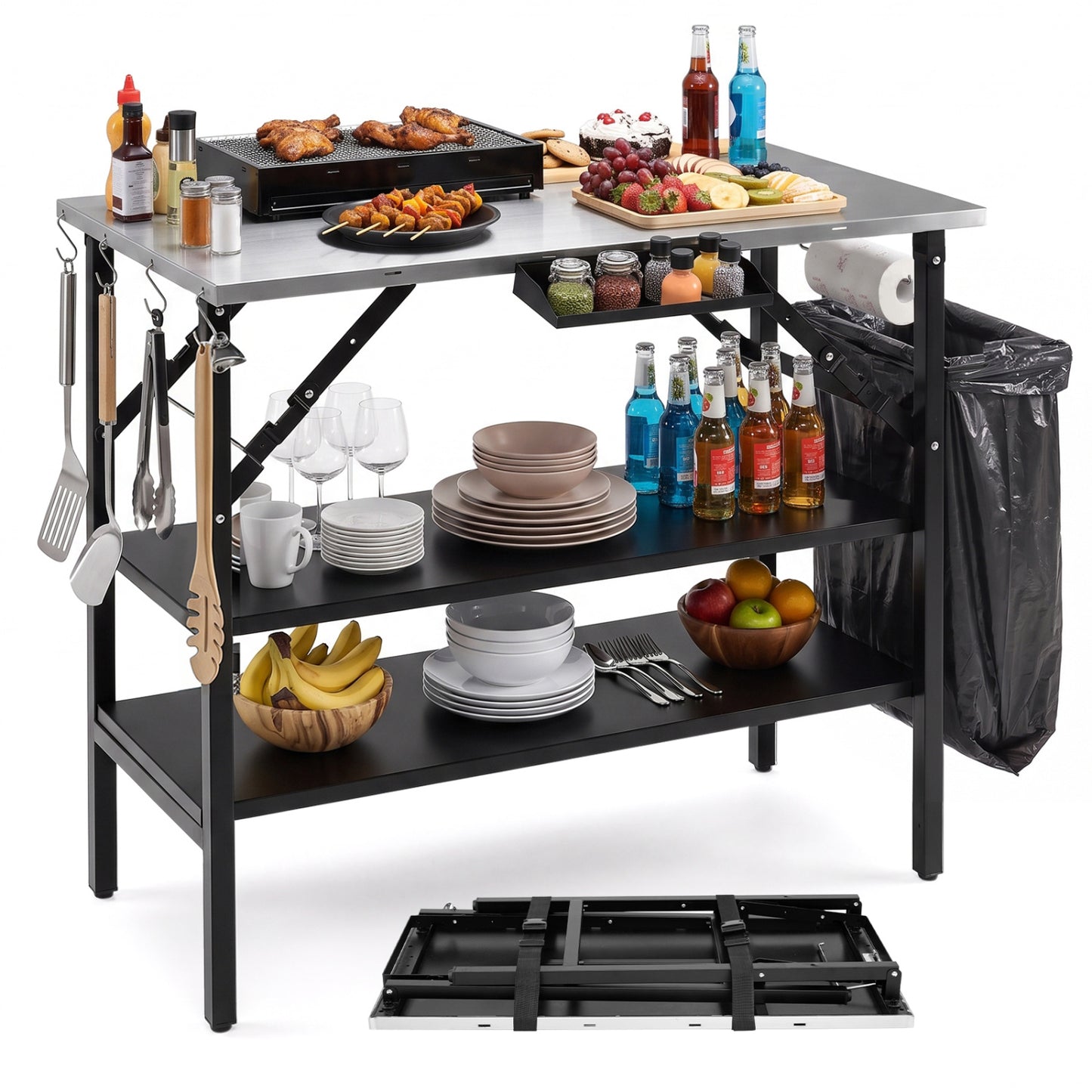 Station de cuisson extérieure pliable avec étagères, noire