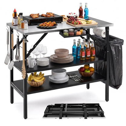 Station de cuisson extérieure pliable avec étagères, noire