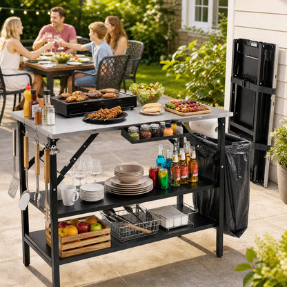 Station de cuisson extérieure pliable avec étagères, noire