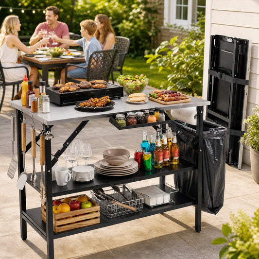 Foldable Outdoor Cook Station with Shelves, Black Outdoor Grills Black at Gallery Canada