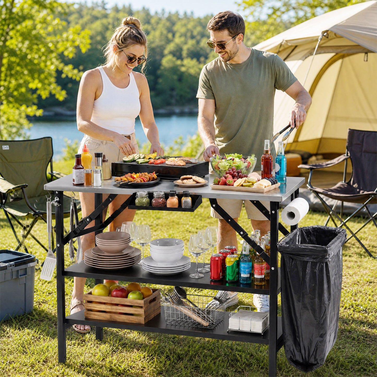 Station de cuisson extérieure pliable avec étagères, noire