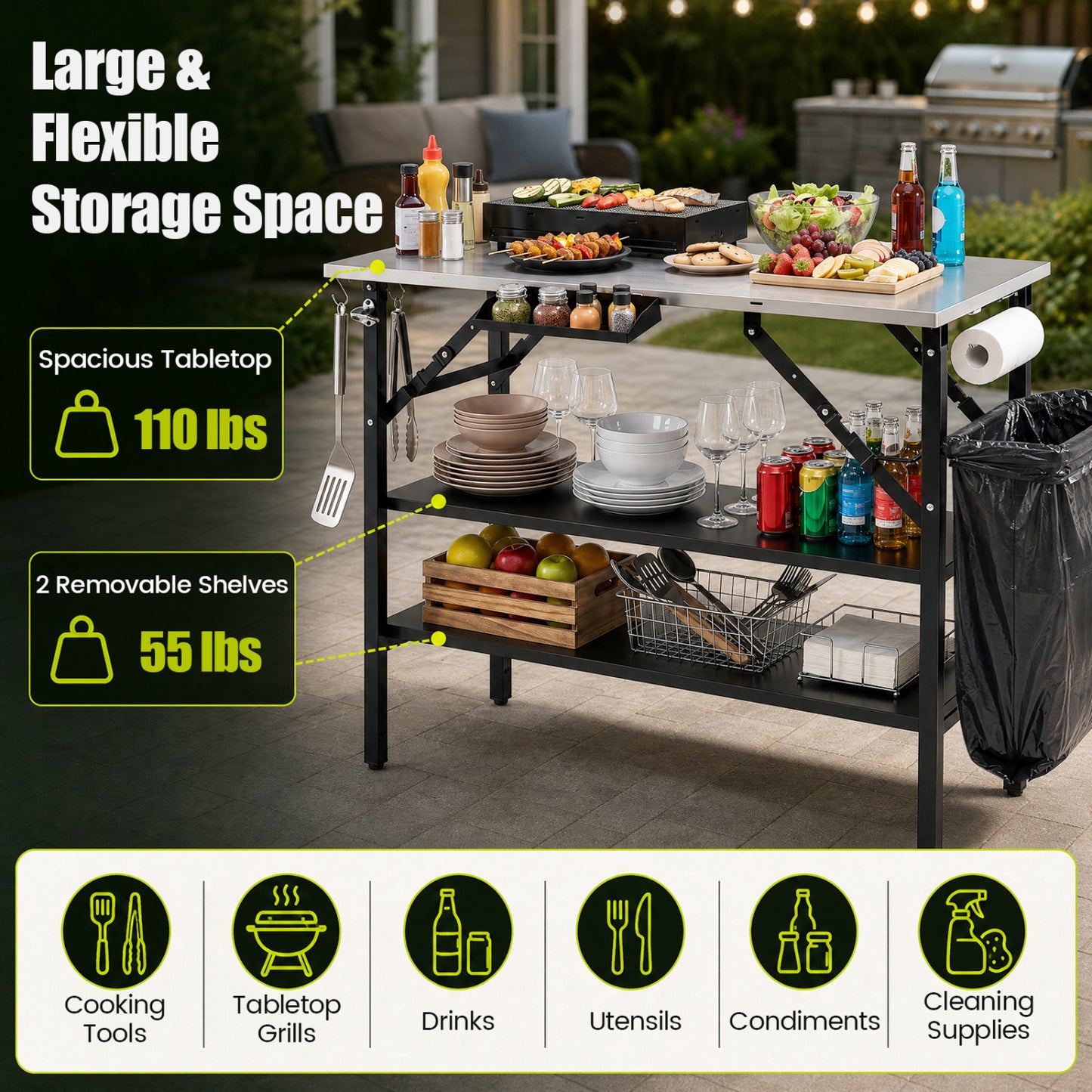 Station de cuisson extérieure pliable avec étagères, noire